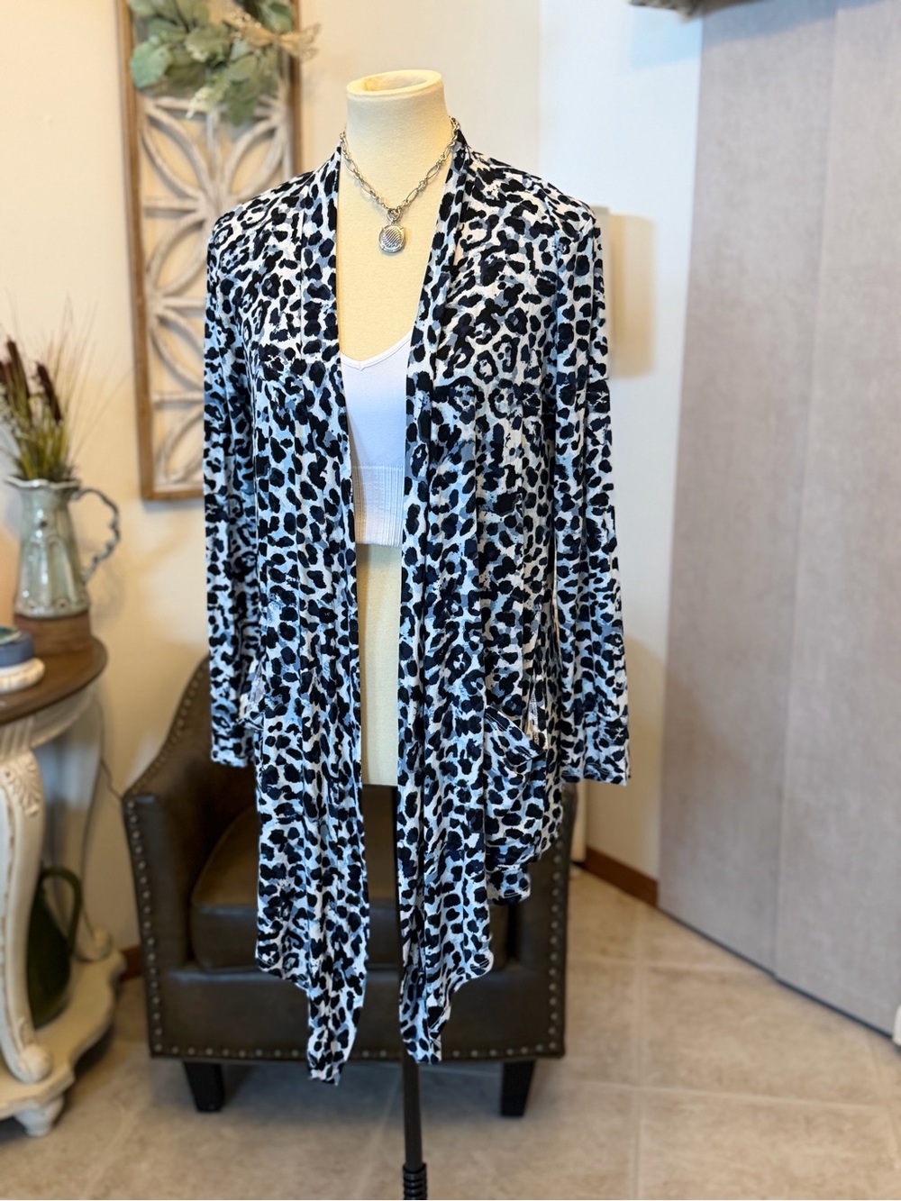 Navy Leopard Open-Front Women's Cardigan Sweater